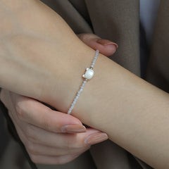 Delicate Adjustable Cat Charm Bracelet - Black & Pearl White Crystals for Spiritual Energy