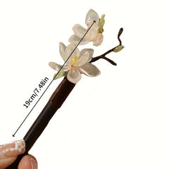 Handmade Wood Jade Orchid Hairpin - Ancient Elegance with Spiritual Energy