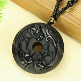 Elegant Obsidian Double Pixiu Pendant Necklace - Natural Stone Amulet for Protection & Prosperity