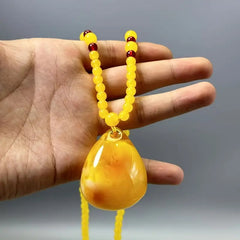 Bohemian Yellow Amber Pendant Necklace - Natural Teardrop Bead for Grounding & Joy