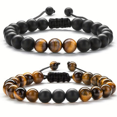 Tiger Eye Stone Bracelets for Grounding Energy - Handcrafted Adjustable Matte Black Beads