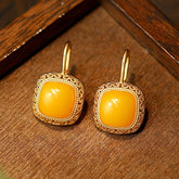 Golden Earrings with Square Yellow Jade - Noble Design for Daily Wear & Spiritual Energy