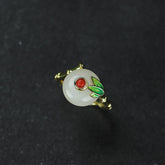Elegant White Jade Court Ring with Gold Flower Prosperity, Protection, and Spiritual Harmony