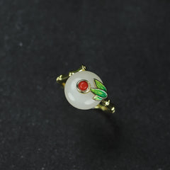 Elegant White Jade Court Ring with Gold Flower Prosperity, Protection, and Spiritual Harmony