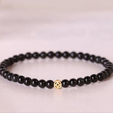 Natural Obsidian Beaded Bracelet - 14K Gold Plated Charm for Wealth Attraction & Spiritual Protection
