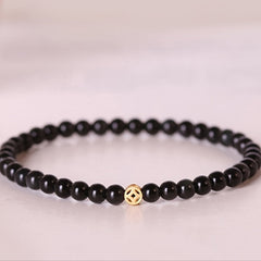 Natural Obsidian Beaded Bracelet - 14K Gold Plated Charm for Wealth Attraction & Spiritual Protection