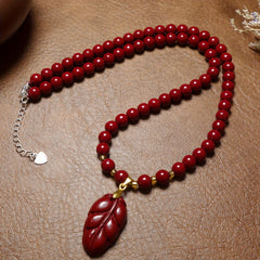 Cinnabar Water Drop Flower Tree Leaf Spirit Fish Pendant Necklace – Vintage Classic Ethnic Style for Everyday & Vacation