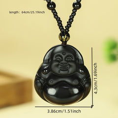 Men's Natural Obsidian Laughing Buddha Pendant Necklace for Protection, Joy, and Grounding