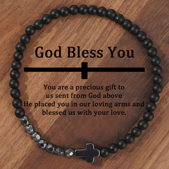 Vintage Boho Natural Stone Cross Bracelet - Handcrafted with Black & White Stones for Spiritual Balance & Daily Wear