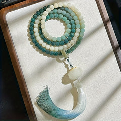 108-Bead Gradient Green–White Bodhi Root Mala — Lotus Charm for Mindful Harmony, Spiritual Balance & Grounding Energy