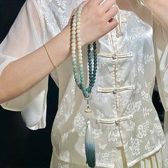 108-Bead Gradient Green–White Bodhi Root Mala — Lotus Charm for Mindful Harmony, Spiritual Balance & Grounding Energy