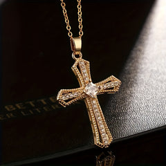 Golden-Tone Cross Pendant Necklace with Synthetic Zirconia - Christian Religious Jewelry for Men, Durable Fashion Gift