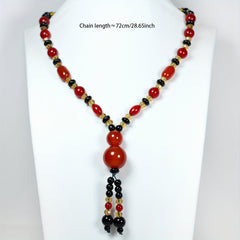 Bohemian Agate Necklace with Red Black Beads Golden Accents Red Spherical Pendant