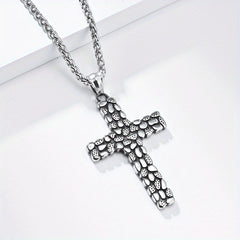 "Retro Pebble Titanium Steel Cross Necklace — Spiritual Protection & Inner Strength
