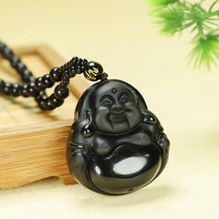 Men's Natural Obsidian Laughing Buddha Pendant Necklace for Protection, Joy, and Grounding