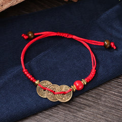 Red Braided Coin Charm Bracelet - Traditional Chinese Accessory for Luck & Prosperity