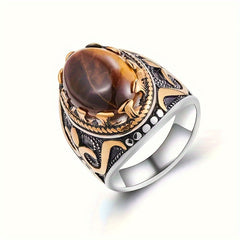 Oval Shape Tiger Eye Stone Carved Copper Ring - Enhance Your Energy with Natural Healing Properties