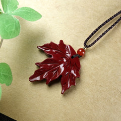 Natural Raw Stone Cinnabar Emperor Purple Golden Maple Leaf Pendant Necklace - Funky Raw Stone Jewelry with Red Bead Accent, Handcrafted Unique Gift for Women