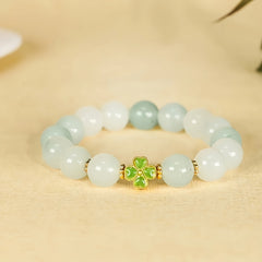 Natural Jade Beaded Bracelet with Four-Leaf Clover Charm for Luck & Serenity