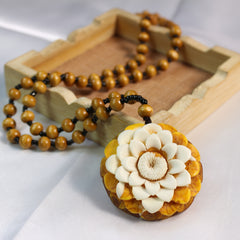 Bohemian Sunflower Pendant Necklace - Handmade Resin & Wood Bead Jewelry with Grounding, Joyful Energy