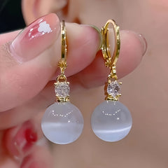Elegant Vintage Cat's Eye Stone Drop Earrings: Golden-Tone Hoop for Daily Wear & Spiritual Harmony