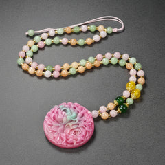 Bohemian Style Natural Stone Floral Pendant Necklace - Pink & Rose Design with Golden-Tone Accents
