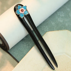 Morning Flower Ebony Hairpin - Solid Wood Design with Blue Lotus for Mind-Body-Spirit Balance