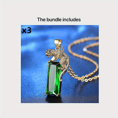 Exquisite Leopard Pendant Necklace - Golden-Tone Chain with Green Glass Inlay for Men