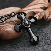 Obsidian Beaded Chain Necklace — Protective Black Cross Pendant for Spiritual Harmony