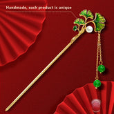 Elegant 14K Copper Plated Hairpin with Ginkgo Biloba & Emerald Beads - 6.69 Inch Handcrafted Hair Accessory for Women, Perfect for Weddings & Formal Events - Harmony Energy Talisman