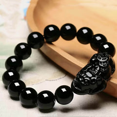 14mm Black Obsidian Bead Bracelet with Black Pixiu - Protection & Energy Talisman