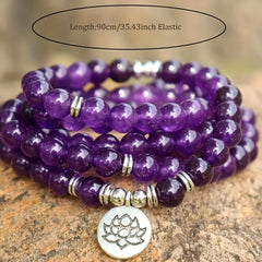 108 Bead Amethyst Mara Bracelet – Bohemian Style Purple Stone with Lotus Charm for Spiritual Balance
