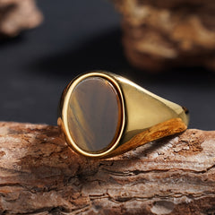 Handmade 18K Gold-Plated 316L Stainless Steel Elliptical Ring with Natural Stones Spiritual Energy & Classic Style
