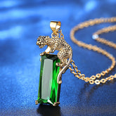 Exquisite Leopard Pendant Necklace - Golden-Tone Chain with Green Glass Inlay for Men