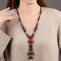 1pc Ethnic Vintage Long Pendant Necklace - Red Fish Design for Spiritual Harmony & Nautical Energy