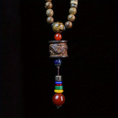 Natural Black Sandalwood Dragon Pillar Pendant Necklace - Ethnic-Inspired Good Luck Charm