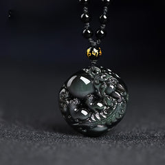 Natural Obsidian Rainbow Pixiu Dragon Pendant Necklace - Wealth Attraction & Good Luck Charm