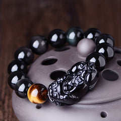 Black Obsidian Pixiu Wealth Bracelet — Feng Shui Money Attraction & Protection Energy Jewelry