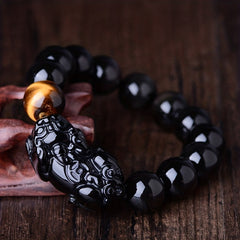 Black Obsidian Pixiu Wealth Bracelet — Feng Shui Money Attraction & Protection Energy Jewelry