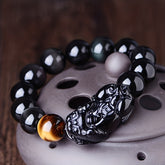 Black Obsidian Pixiu Wealth Bracelet — Feng Shui Money Attraction & Protection Energy Jewelry