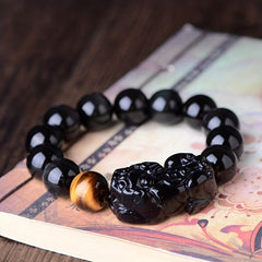 Black Obsidian Pixiu Wealth Bracelet — Feng Shui Money Attraction & Protection Energy Jewelry