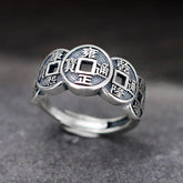 Vintage Antique Silver Five Emperors Coin Ring - Feng Shui Wealth & Energy Protection