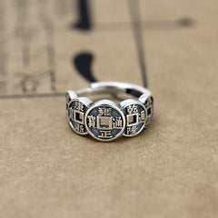 Vintage Antique Silver Five Emperors Coin Ring - Feng Shui Wealth & Energy Protection