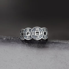 Vintage Antique Silver Five Emperors Coin Ring - Feng Shui Wealth & Energy Protection