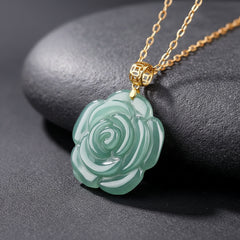 Hand-Carved Light Blue Jade Rose Pendant for Emotional Healing, Self-Love, and Spiritual Growth