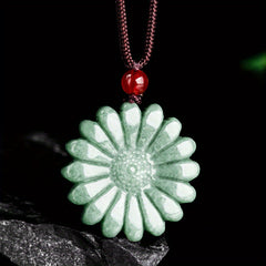 Natural Green Sunflower Stone Pendant Necklace with Red Bead – Elegant Rope Chain Accessory for Men and Women, Calming & Stylish Desig