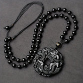 Men's Natural Obsidian Dragon Pixiu Necklace Pendant with Peace Buckle Amulet - Retro Style and Powerful Protection