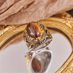 Oval Shape Tiger Eye Stone Carved Copper Ring - Enhance Your Energy with Natural Healing Properties