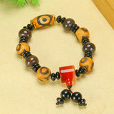 Vintage-Inspired Agate Bead Bracelet with Three-Eyed Dzi Beads for Spiritual Protection, Inner Peace, and Energetic Balance