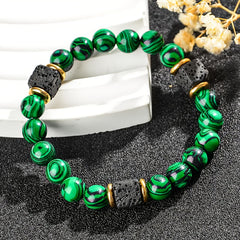Men's Natural Stone Bead Bracelet — Wealth Attracting Green Malachite & Volcanic Stone Energy Jewelry